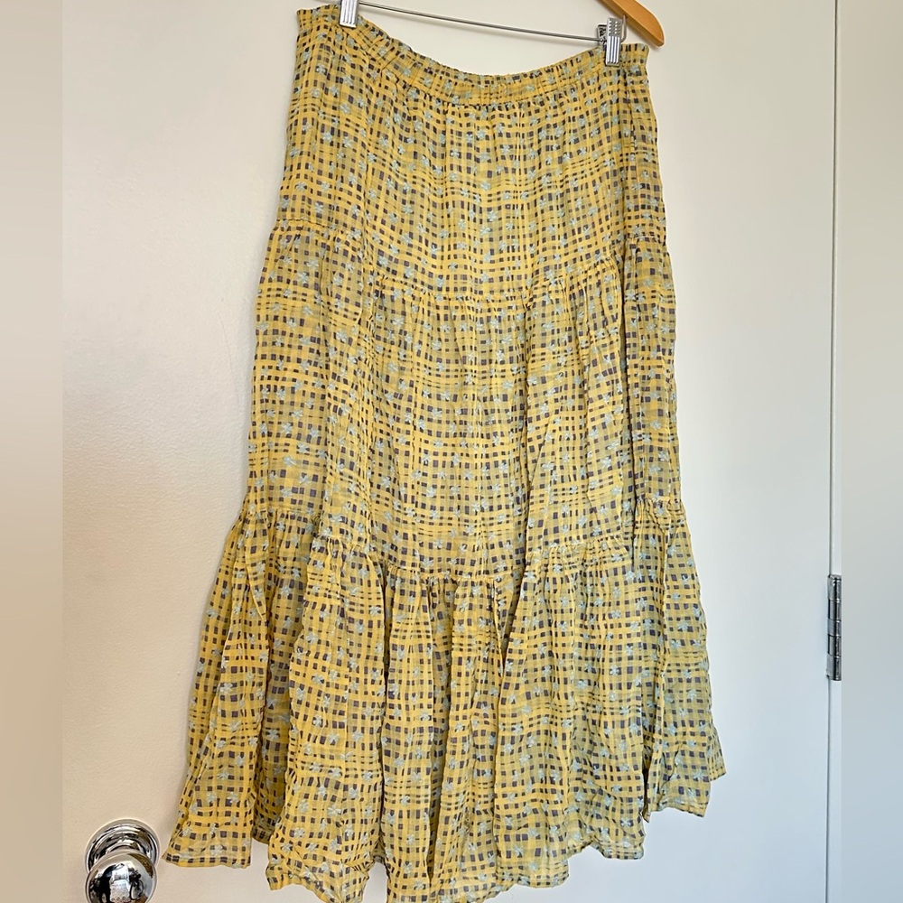 Vintage long yellow skirt with blue floral detailing